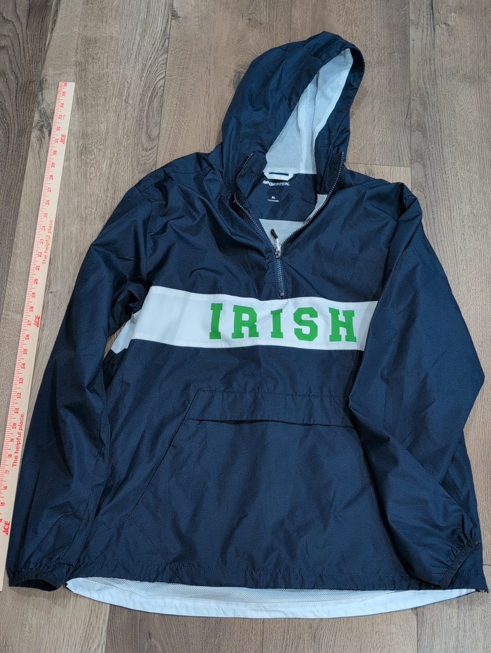 Notre Dame Sport-Tek Navy Hooded Pullover with White Stripe & Green IRISH
